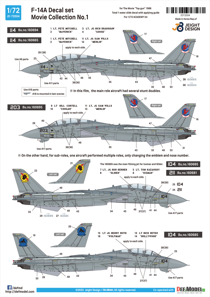 DEF.MODEL[JD72004]1/72 現用 アメリカ海軍艦上戦闘機F-14Aデカールセット ムービーコレクションNo.1 「トップガン」1986  - M.S Models Web Shop