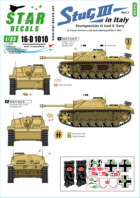 STAR DECALS[SD16-D1010]1/16 WWII ドイツ イタリア戦線のIII号突撃砲＃2  第16装甲師団とSS突撃砲大隊RFSS（1943年）