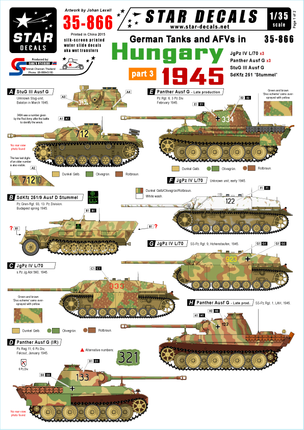 STAR DECALS[SD35-866] 1/35 WWII独 ハンガリー1945 #3  IV号駆逐戦車L/70,III突G型,パンターG型,Sd.Kfz.251/9 シュツンメル デカールセット