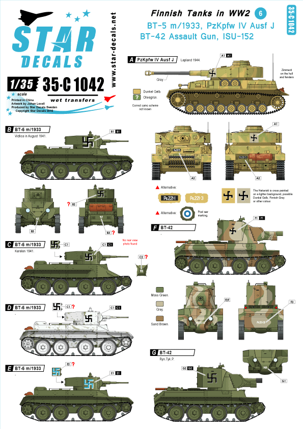 Star Decals Sd35 C1042 1 35 Wwiiのフィンランド戦車 6 デカールセット Bt 5 Bt 42 Iv号 Jsu 152 M S Models Web Shop