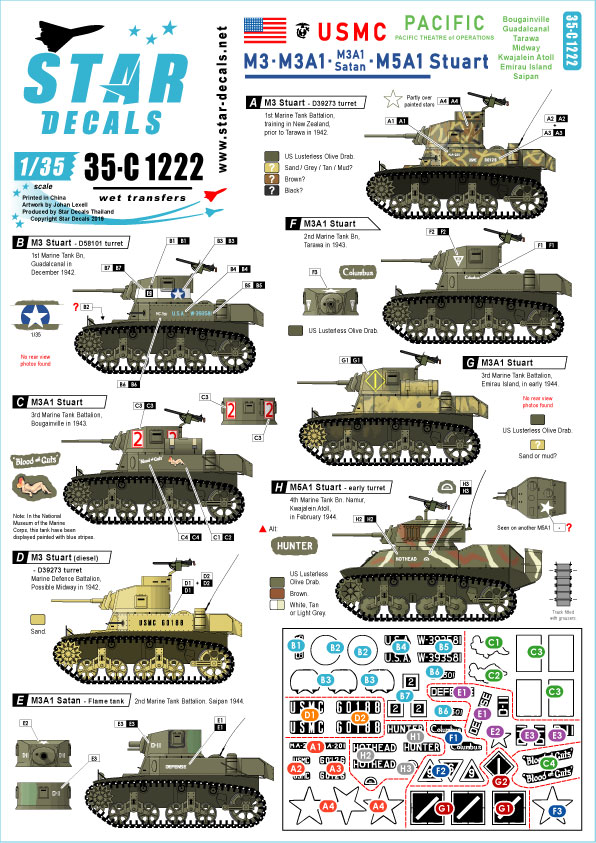 STAR DECALS[SD35-C1222]1/35 WWII 米 太平洋戦線に於けるアメリカ海兵隊所属のM3&M3A1とM5A1スチュアート