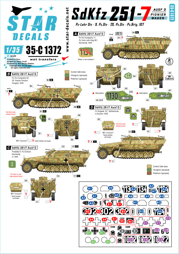 STAR DECALS[SD35-C1372]1/35 WWII ドイツ Sd.Kfz.251/7 Ausf.D 戦闘工兵車  装甲教導師団/第9装甲師団/第20装甲師団/第107装甲旅団