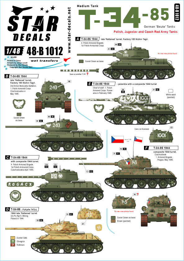 STAR DECALS[SD48-B1012]1/48 WWII 露/ソ T-34-85中戦車 諸外国のT-34-85 ドイツ鹵獲戦車 ポーランド  ユーゴスラビア チェコ赤軍