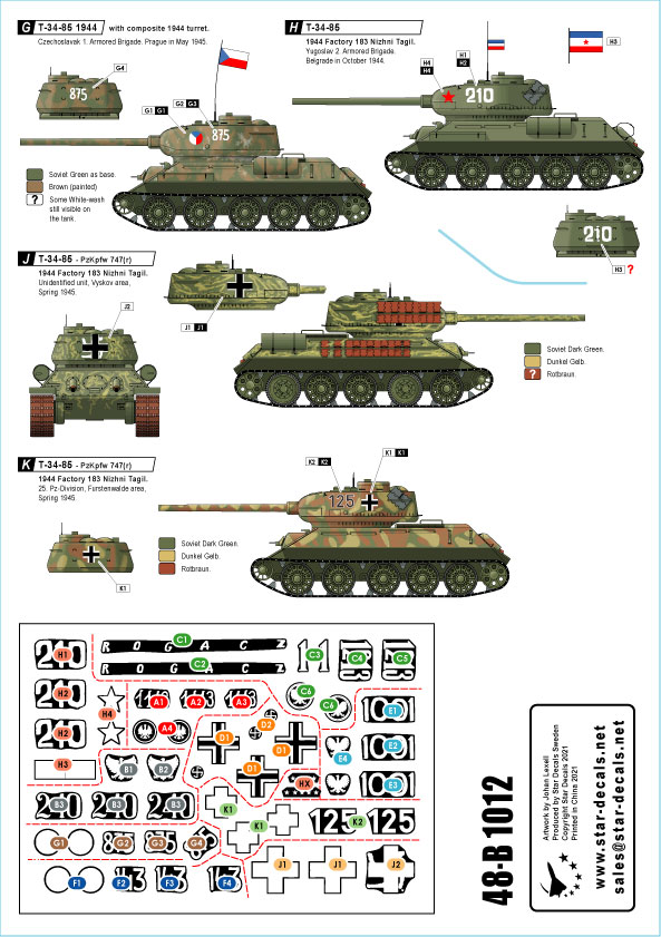 STAR DECALS[SD48-B1012]1/48 WWII 露/ソ T-34-85中戦車 諸外国のT-34-85 ドイツ鹵獲戦車 ポーランド  ユーゴスラビア チェコ赤軍