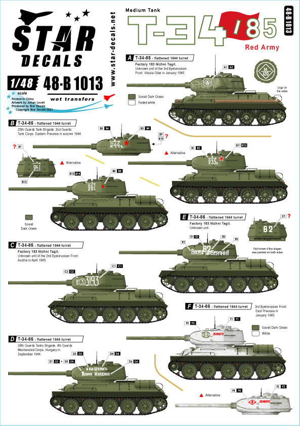 STAR DECALS[SD48-B1013]1/48 WWII 露/ソ T-34-85中戦車 ソビエト赤軍のT-34/85戦車 1944〜45