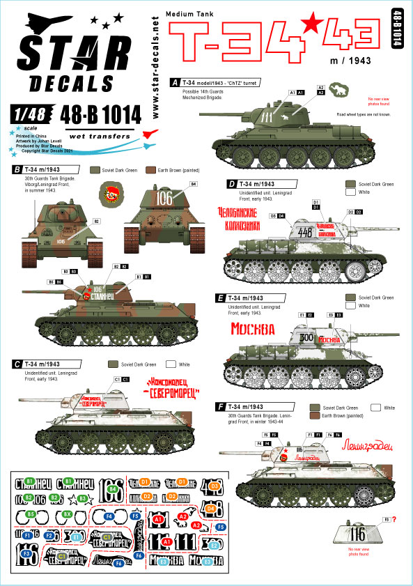 STAR DECALS[SD48-B1014]1/48 WWII 露/ソ T-34-76戦車 ソビエト赤軍が運用したT-34 1943年型  1943〜44