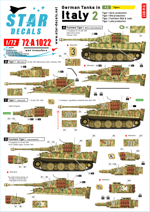 STAR DECALS[SD72-A1022]1/72 WWII 独 イタリア戦線のドイツ戦車＃2 タイガーI初期型 タイガーI中期型 タイガーI後期型