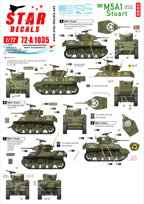 STAR DECALS[SD72-A1035]1/72 WWII 米 M5A1スチュアートD-デイ75周年スペシャル フランス ノルマンディー1944年