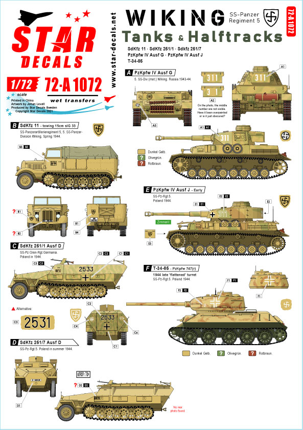 STAR DECALS[SD72-A1072]1/72 WWII 独 ヴァーキング＃3 第5SS装甲師団  IV号戦車G/J型/Sd.Kfz.11/Sd.Kfz.251/T-34