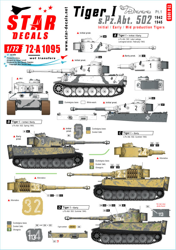 STAR DECALS[SD72-A1095]1/72 WWII 独 ドイツ国防軍タイガーI 第502重戦車大隊＃1 タイガー初期/初期/中期型